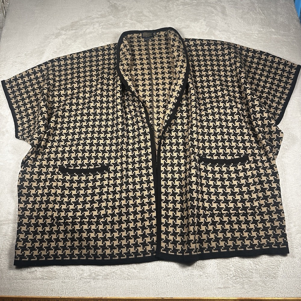 Pendleton Plus One Size Merino Wool Houndstooth Open Cardigan Pockets